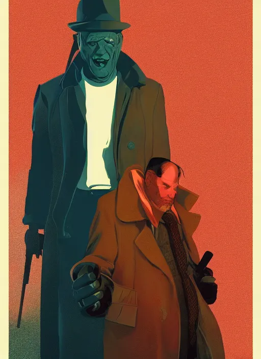 Prompt: poster artwork by Michael Whelan and Tomer Hanuka, Karol Bak of Jim Gaffigan hitman in peacoat from scene from Twin Peaks, clean, simple nostalgic, domestic