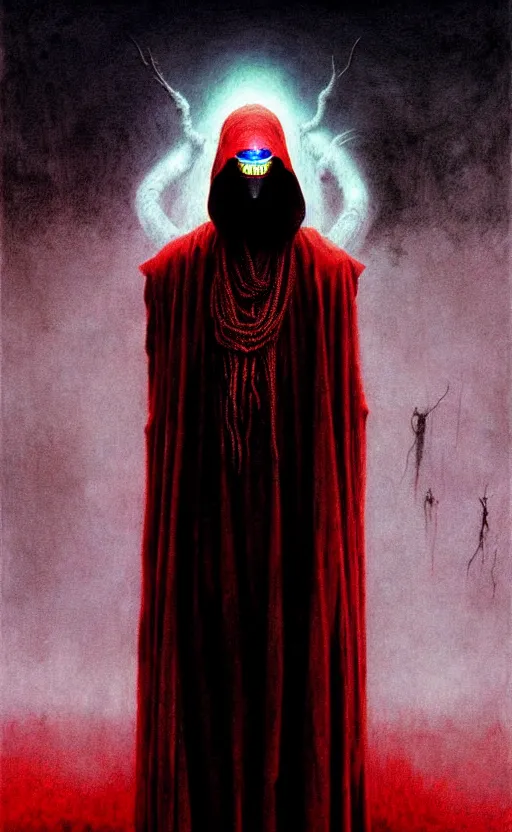 Prompt: a striking full body portrait of a pitch black masked eldritch shaman with sinister red eyes by moebius and beksinski and artgerm, detailed artwork, realism, 4 k resolution, detailed, high quality, sharp focus, hq artwork, insane detail, volumetric lighting, character concept art, fine details, tarot card, clear subject