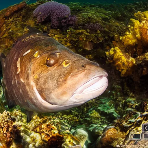 Prompt: incredibly detailed atlantic cod, wide angle shot, backlit, very realistic, underwater, beautiful photo, national geographical, underwater photography, gopro,