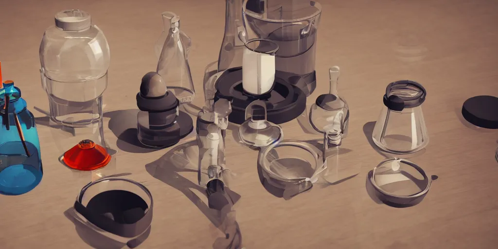 Image similar to instruments being used to mix chemicals, scientist, blender, 3d, apartment