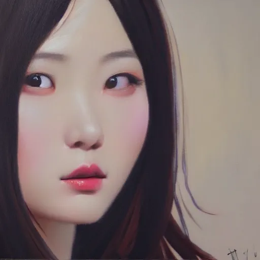 Image similar to perfect, realistic oil painting of close-up japanese idol girl face, by an American professional senior artist, Hollywood concept, dynamic composition and motion, postproduction.