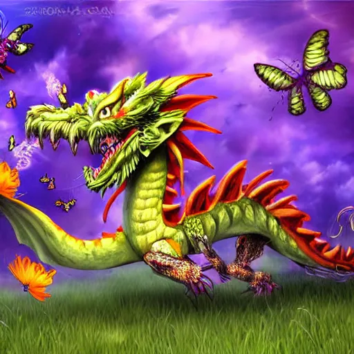 Prompt: scary dragon playing with butterflies, amazing digital art, high details
