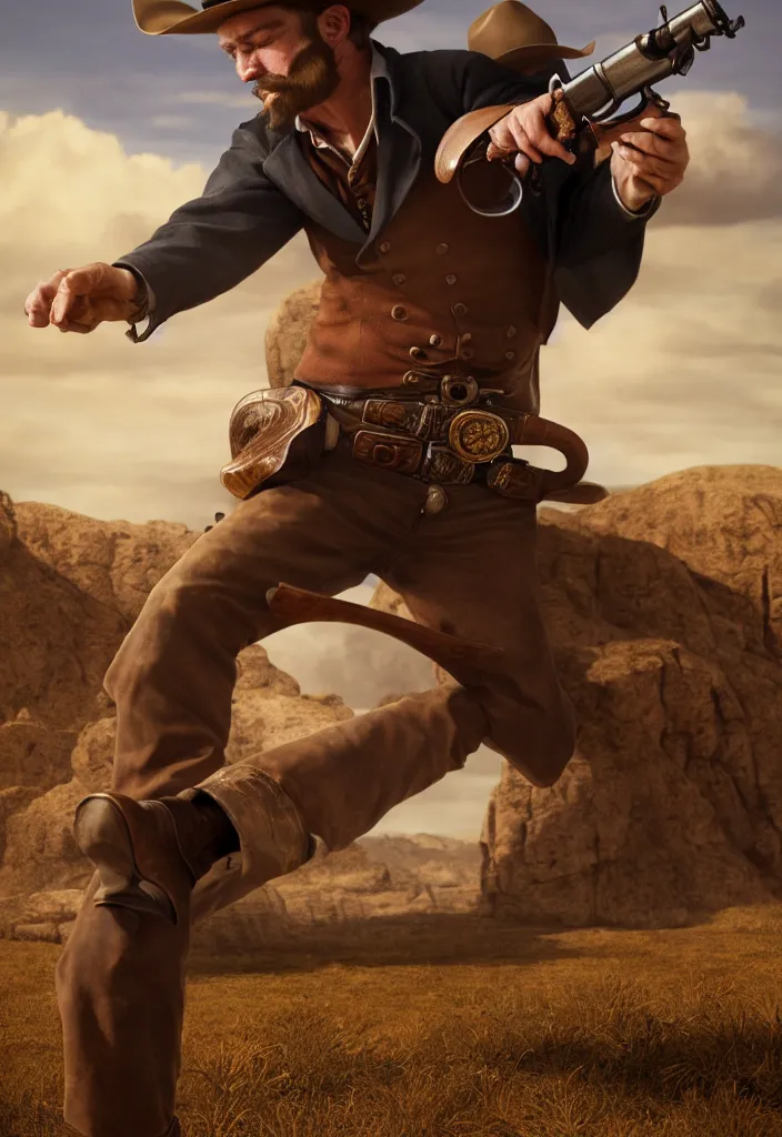 Image similar to an epic portrait of a cowboy firing his revolver Colt 45 while yelling, full body with dynamic pose, during archetypical Old West period, 19th century, male, detailed face, cinematic lighting, by concept art, masterpiece, fantastic, octane render, 8K HD Resolution, High quality image