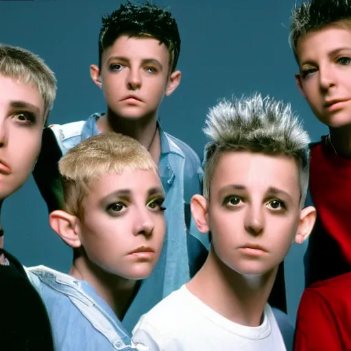Prompt: a group of aliens that look like the music group new kids on the block, 8 k, movie still