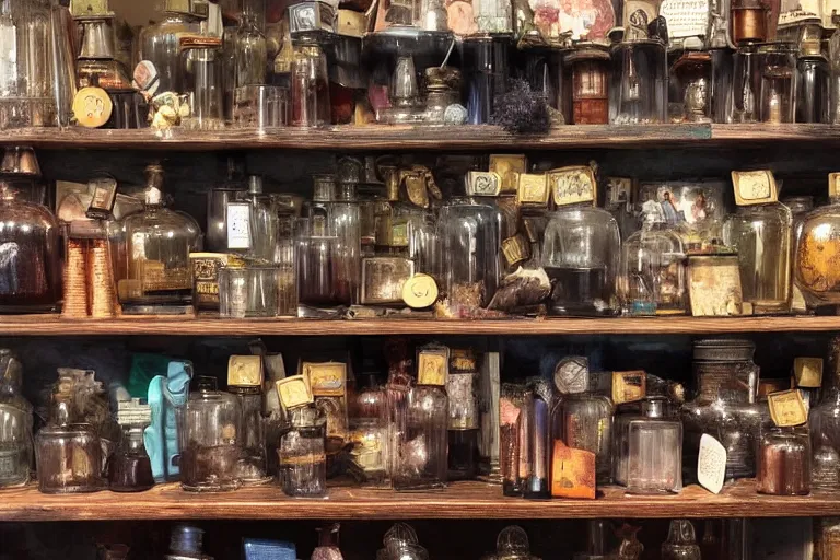 Prompt: a bookshelf of wonderful magical experiments, located in a wizard's shop, full of trinkets and magical potions flasks vials, bubbling liquids, smoking vessels