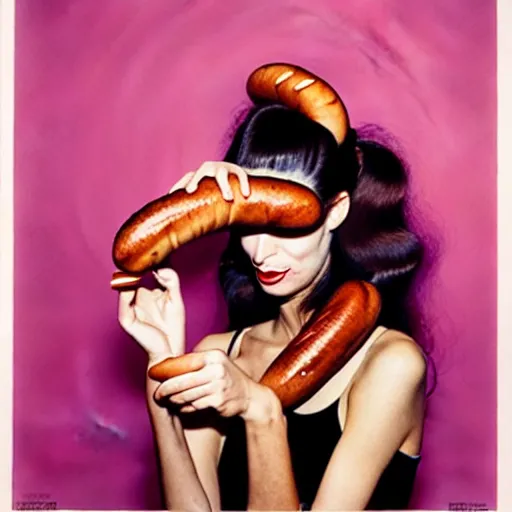 Image similar to a fashion model curls her hair using hot dogs. surreal photograph, toiletpaper magazine, 3 5 mm photograph, by pierpaolo ferrari, maurizio cattelan