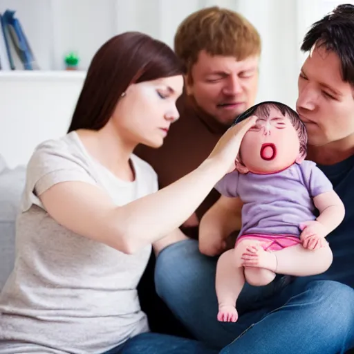 Image similar to A baby taking care of an adult, 2 people, realistic faces, crying person, rtx on