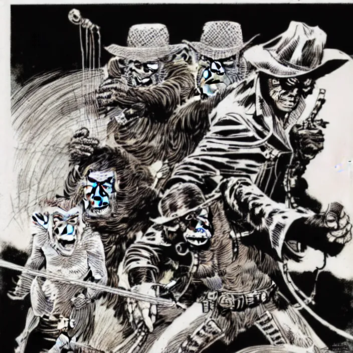 Image similar to sergio toppi art style, futuristic cowboys fighting apes