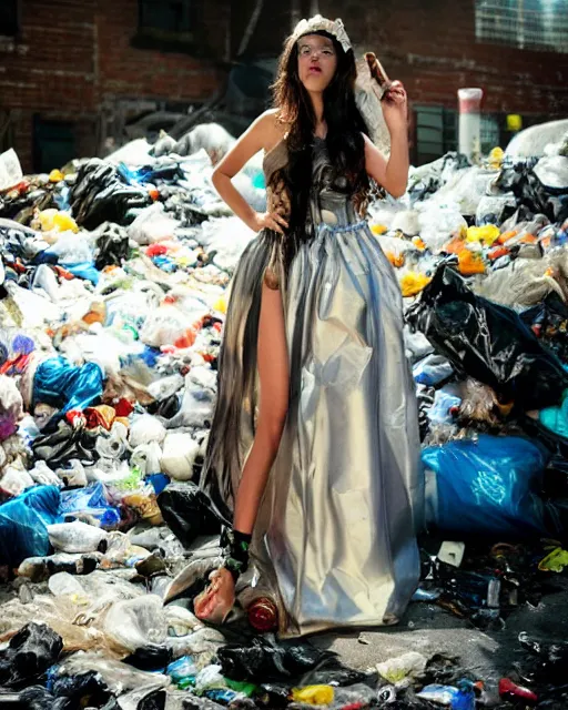 Prompt: a beautiful photo of a Young female with long hair and reflective eyes, Queen of trash wearing a gown made black and blue plastic trash bags and plastic bottles , surrounded by trash all around and in the background, top cinematic lighting , cinematic mood, very detailed, shot in canon 50mm f/1.2