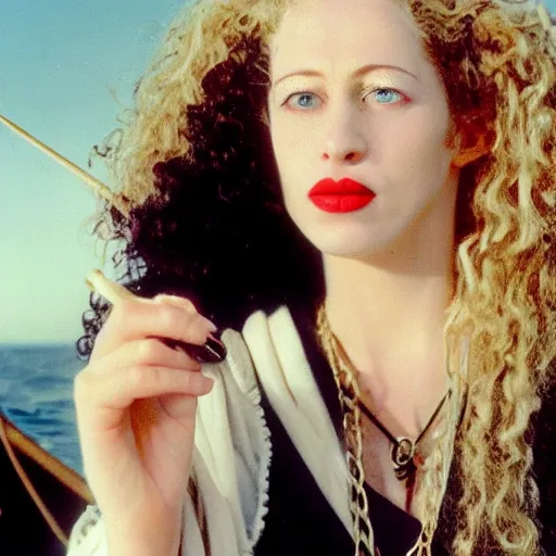 Image similar to a beautiful english woman with a long face narrow nose pale skin blue eyes red lips and wild messy tangles of curly white blonde hair leaning over the side of a sailing ship and throwing up, high resolution film still wearing a black robe and skull necklace and holding a spear, sandy, a journey to the west