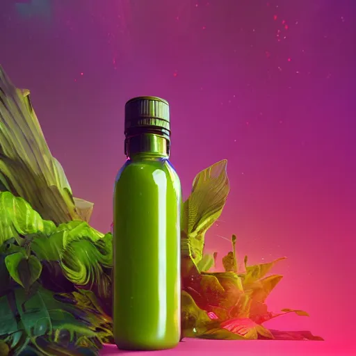 Image similar to green juice bottle in a luscious tropical grove with neon auroras, path traced, environment, highly detailed, concept art, realistic, octane render, up close shot shinji aramaki, karol bak, alphonse mucha