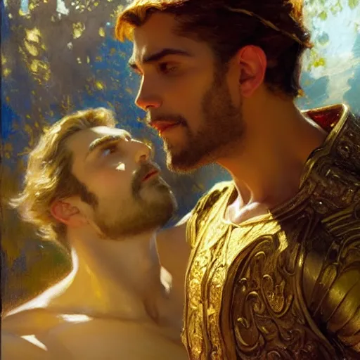 Image similar to attractive fully clothed king confesses his love for his attractive fully clothed male prince. highly detailed painting by gaston bussiere, craig mullins, j. c. leyendecker 8 k