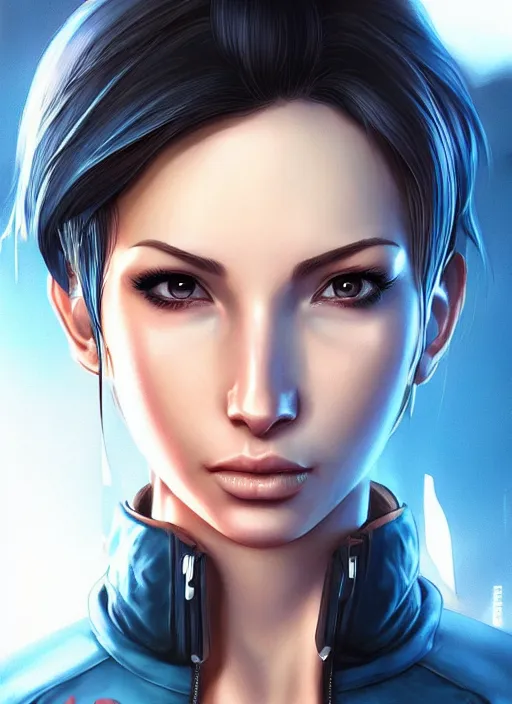 Image similar to beautiful portrait of a gorgeous personal trainer who looks like Jill Valentine , character design by Ross Tran, artgerm detailed, soft lighting