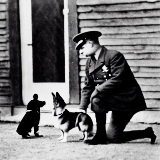 Prompt: ultra wide 1 9 4 6 blurry historical photo of a single german general kneeling, a young queen elizabeth and her brown and white corgi watch him, french village exterior, highly detailed, sharp focus