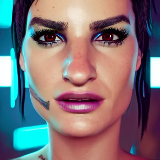 Prompt: lea michele portrait, cyberpunk 2 0 7 7, cyberpunk judy alvarez, photorealistic, ultra detailed, neon, octane, bokeh, cinematic lighting, cyber, cyberpunk city, studio quality, feature, scars, cyberface, 8 k