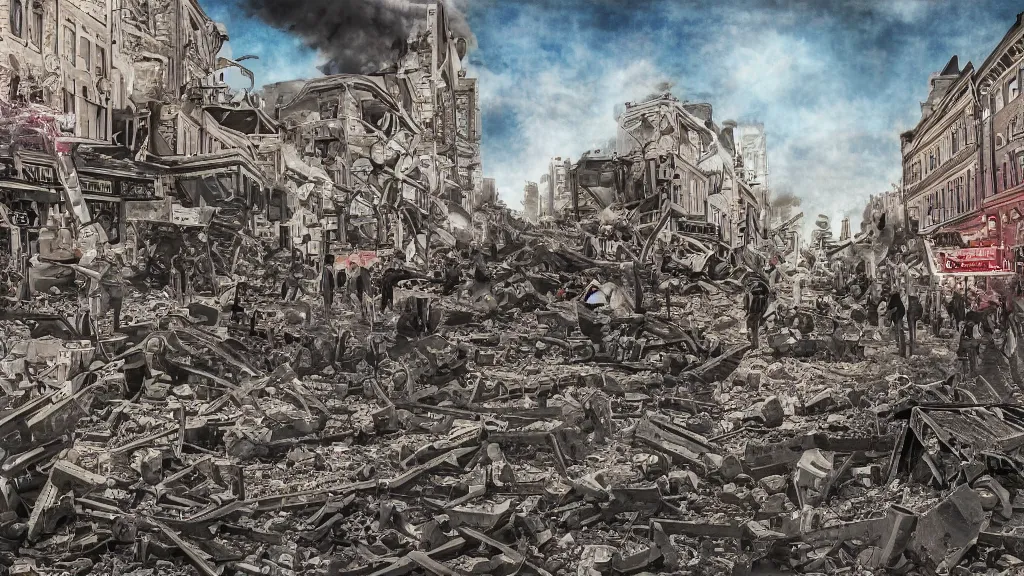 Image similar to the pain and chaos of a town being bombed on market sunday, digital art