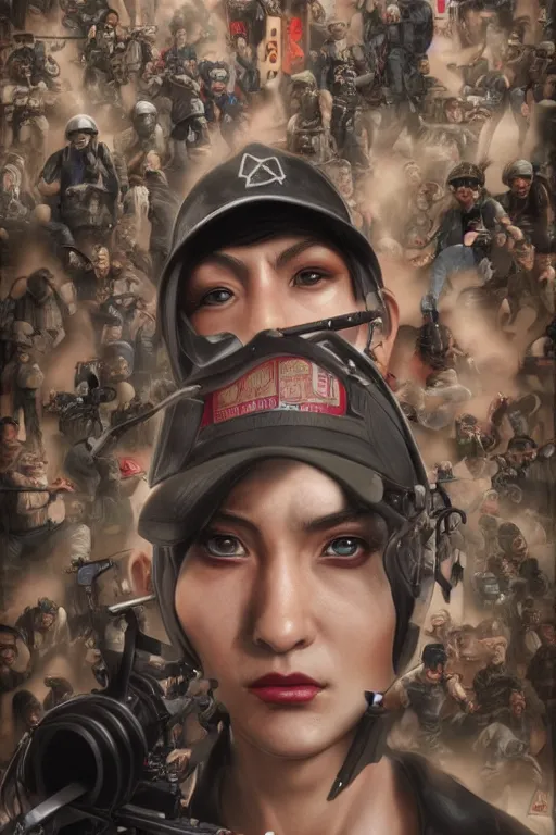 Image similar to place full of tunnel rats - pop art, hyperrealistic, detailed by artgerm and richard hamilton and mimmo rottela and bob rafei and kazuma kaneko and bengus and yoshitaka amano, face features, realistic detail human composition, best rendered by photoshop and octane