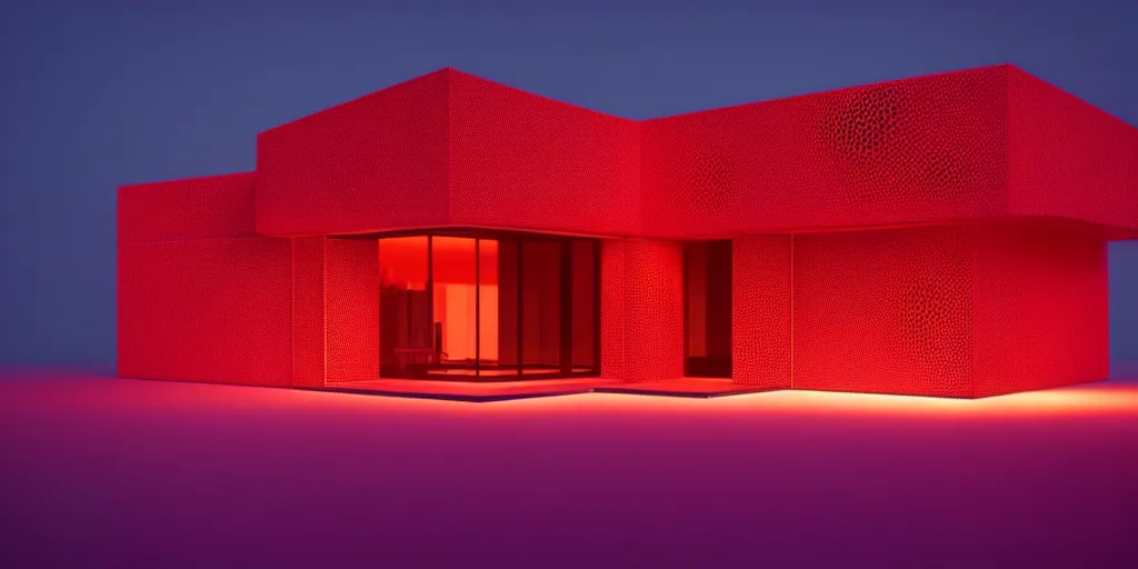 Prompt: A beautiful architectural rendering of a trypophobia house with a mysterious red glow emitting from inside, by octane render and corona render, stunning, photorealistic, featured on artstation, 4k resolution