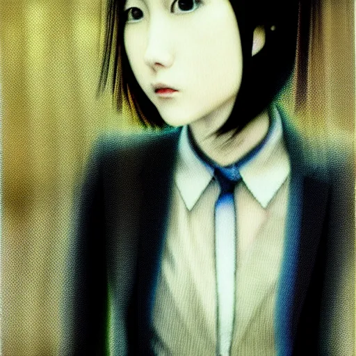 Image similar to yoshitaka amano blurred and dreamy realistic three quarter angle portrait of a young woman with short hair and black eyes wearing office suit with tie, junji ito abstract patterns in the background, satoshi kon anime, noisy film grain effect, highly detailed, renaissance oil painting, weird portrait angle, blurred lost edges