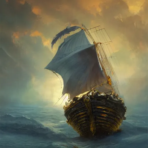 Image similar to stunning portrait of 2yo greek argonaut Orpheus sailing in a golden vessel in Cap de Creus, painting by Raymond Swanland hq