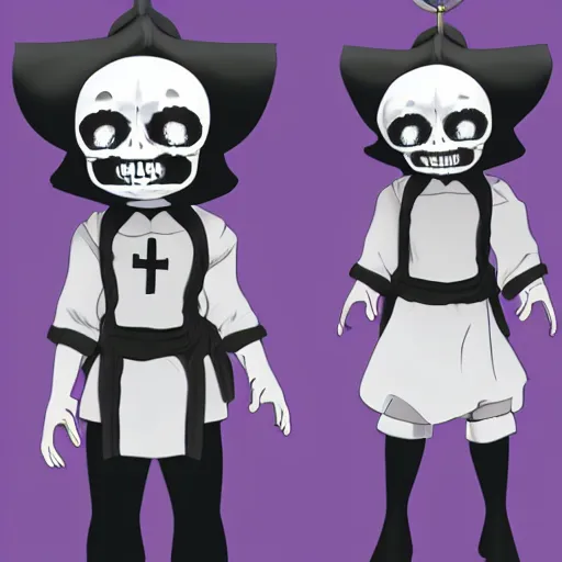 Prompt: cute little boy wearing an skull mask and dressed in an nun outfit, purple color palette, inspired in made in abyss and hirohiko araki, ray tracing, featured in pixiv