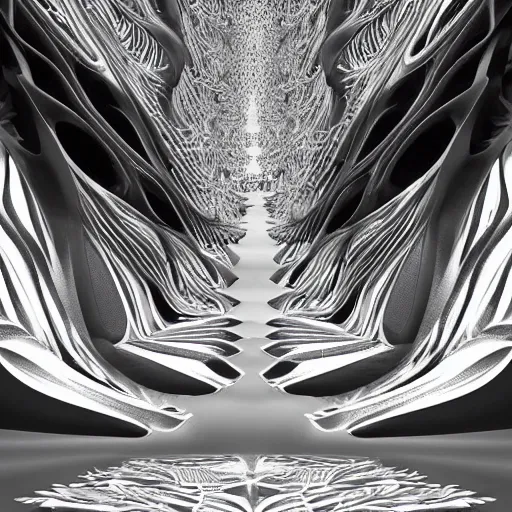 Image similar to epic fractal cave interior by zaha hadid, iris van herpen and rick owens. highly detailed, hyper - real, very beautiful, intricate fractal details, very complex, opulent, epic, mysterious, polished, futuristic design, trending on deviantart and artstation