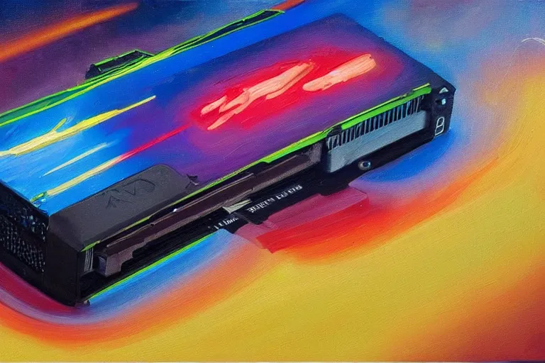 Prompt: a painting by Wayne Thiebaud of an Nvidia GeForce RTX 3090 GPU that has caught on fire, GeForce RTX 3090 on fire, cooling, high specs, ethereal!!!!!!!, by Wayne Thiebaud, neon gradient, nvidia promotional image, GPU fire, GPU fire, GPU fire, GPU fire, GPU fire, GPU fire