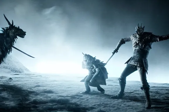 Image similar to very very intricate photorealistic photo of jon snow fighting the night king, photo is in focus with detailed atmospheric lighting, award - winning details