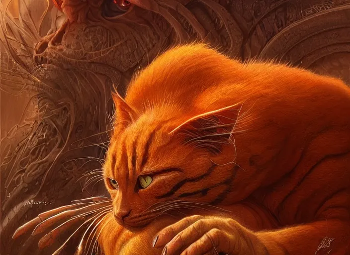 Prompt: giant ginger cat reptile eyes, orange skin. intricate, elegant, highly detailed, centered, digital painting, artstation, concept art, smooth, sharp focus, illustration, artgerm, tomasz alen kopera, peter mohrbacher, donato giancola, joseph christian leyendecker, wlop, frank frazetta