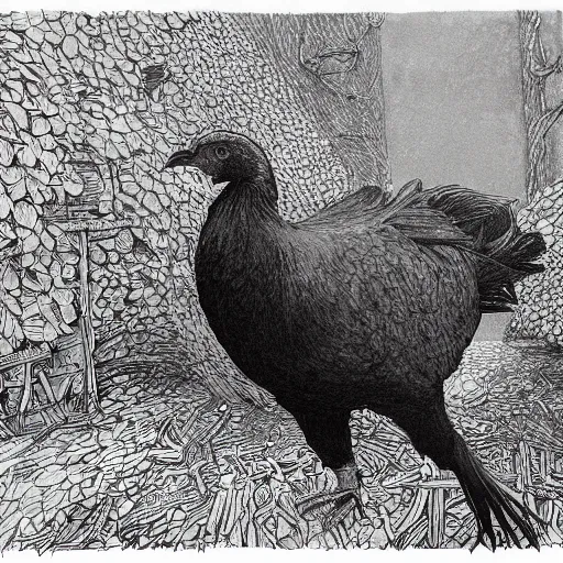Prompt: a majestic chonky! black chicken with royal 'red!!! comb!!!', colored ultra-detailed pen and ink illustration, matte painting, modern concept art, impossible fine lines and details, divine background, by John Kenn Mortensen