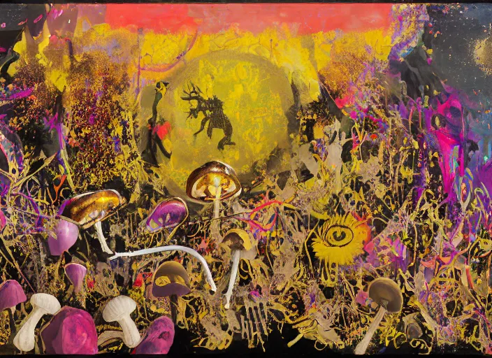 Prompt: expressionistic decollage painting golden armor alien zombie horseman riding on a translucent bone dragon broken rainbow diamond maggot horse in a blossoming meadow full of colorful mushrooms and golden foil toad blobs in a golden sunset, distant forest horizon, painted by Adrian Ghenie, Danny Fox and Hilma af Klint, pixelated, buff, color field painting, graffiti tag, byzantine art, pop art feel, naive. Mark Rothko painting, part by Philip Guston and Frank Stella art by Barnett Newman, 8k, extreme detail, intricate detail, masterpiece