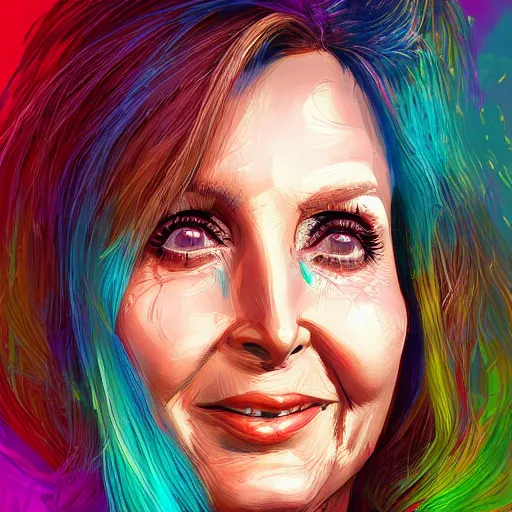 Prompt: A portrait of a hippy Nancy Pelosi, by Stanley Artgerm Lau, WLOP, Rossdraws, James Jean, Andrei Riabovitchev, Marc Simonetti, and Sakimichan, trending on artstation with a blend of manga-style art, augmented with vibrant composition and color, all filtered through a cybernetic lens, studio lighting, lit by flashing pixel light, cinematic lightning, medium shot, mid-shot, highly detailed, trending on artstation, Unreal Engine 4k, cinematic wallpaper