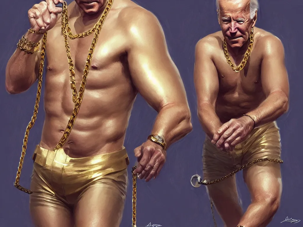 Image similar to joe biden wearing cycling shorts and gold chains surrounded by seals, elegant, real life skin, intricate, high detailed, artstation, concept art, smooth, sharp focus, art by artgerm and greg rutkowski