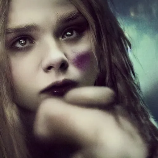 Image similar to portait of chloe grace moretz as a gothic vampire, misty atmosphere, dark, epic composition