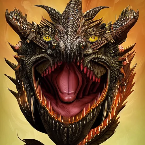 Prompt: sensual warrior into a giant dragon head with opened mouth, fantasy, highly detailed face, artwork, digital art