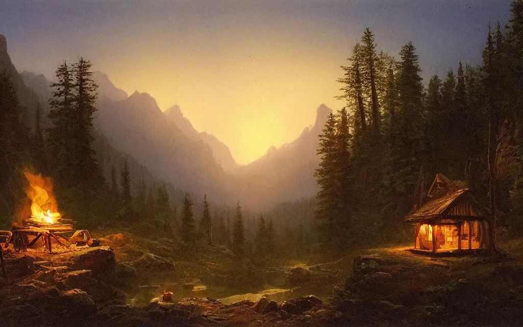 Image similar to small wood cabin with a small campfire on the edge of a forest overlooking a beautiful valley at dusk, mountainous backdrop, cinematic lighting, intricate ink illustration, by albert bierstadt