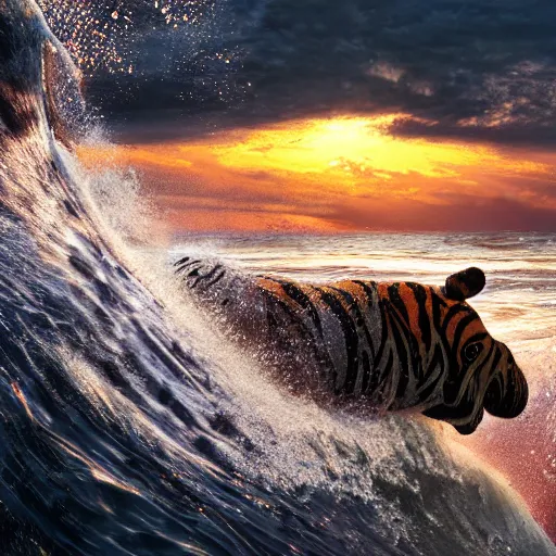 Prompt: a closeup photorealistic photograph of a smiling knitted tiger hippopotamus riding a large wave during sunset. surf in the background. professional capture. brightly lit scene. this 4 k hd image is trending on artstation, featured on behance, well - rendered, extra crisp, features intricate detail, epic composition and the style of unreal engine.