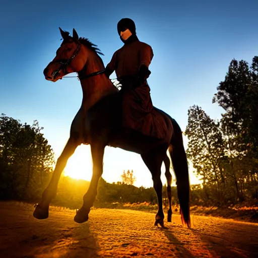 Image similar to ninja riding a horse toward sunset