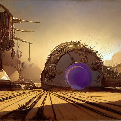 Prompt: painting of syd mead artlilery scifi organic shaped empty room with ornate metal work lands on a farm, fossil ornaments, volumetric lights, purple sun, andreas achenbach