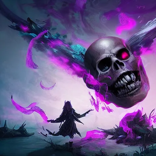 Prompt: floating skulls with violet smoke trails, two fangs, violet theme, epic fantasy digital art style, fantasy artwork, by Greg Rutkowski, fantasy hearthstone card art style