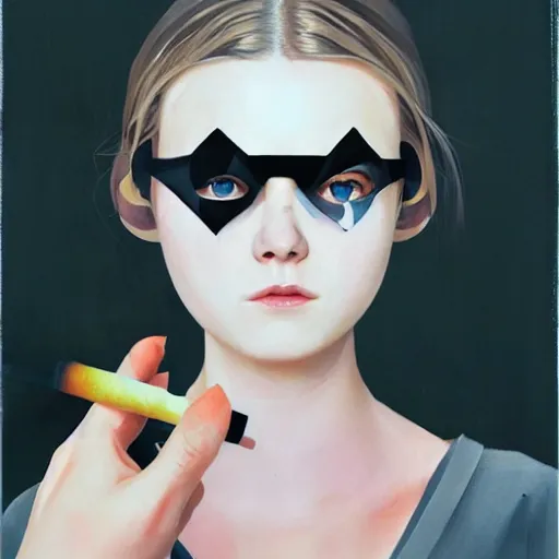 Image similar to Elle Fanning wearing an eyepatch lighting a cigarette picture by Sachin Teng, asymmetrical, dark vibes, Realistic Painting , Organic painting, Matte Painting, geometric shapes, hard edges, graffiti, street art:2 by Sachin Teng:4