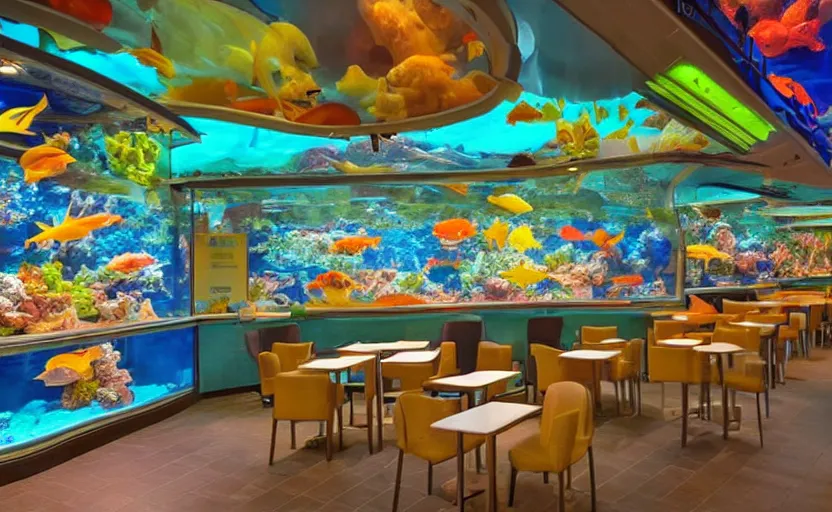 Prompt: inside a fastfood fish restaurant, fluorescent light, bright, atlantis theme, a big aquarium at the wall