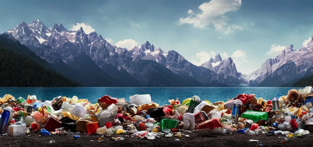 Image similar to a very high resolution image from a new movie. mountains, lake, garbage plastic, fast food, photorealistic, photography, directed by wes anderson