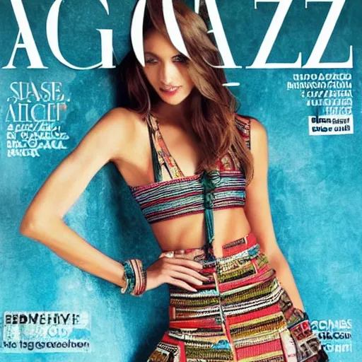 Image similar to a page of a high - end female fashion magazine, ancient aztec fashion, full body photo of a gorgeous aztec supermodel modeling the latest ancient aztec fashion, high resolution scan of aztec fashion catalog
