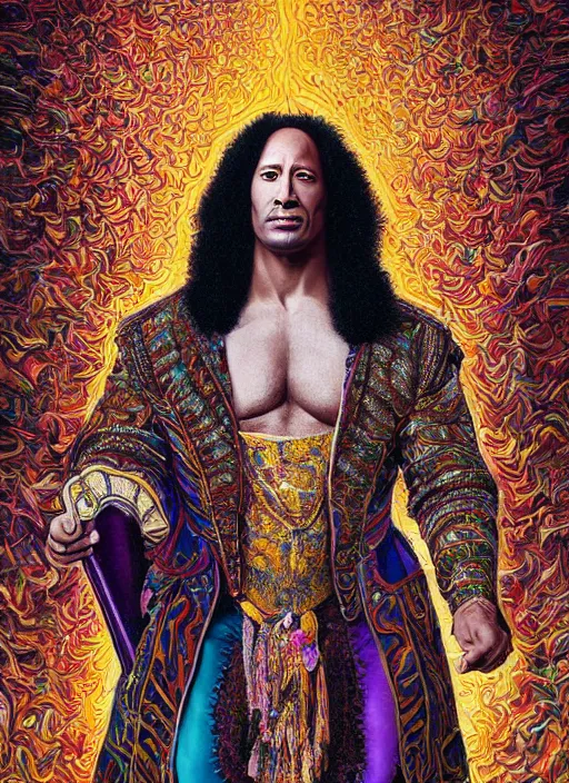 Prompt: beautiful oil painting, full length portrait of Dwayne the rock Johnson as Louis xiv in coronation robes 1701, Dan Mumford, Dan Mumford, Alex grey, highly detailed , dmt fractal patterns, hallucinogen, visionary art, psychedelic art, ornate, vaporwave