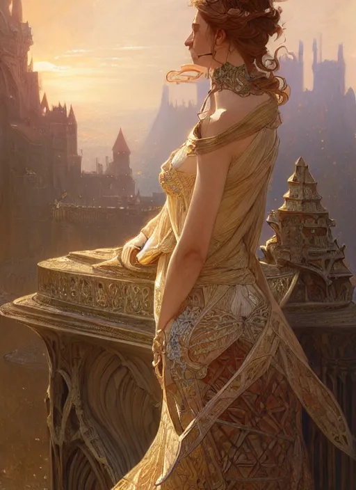 Image similar to panorama of camelot, d & d, fantasy, intricate, elegant, highly detailed, digital painting, artstation, concept art, smooth, sharp focus, illustration, art by artgerm and greg rutkowski and alphonse mucha