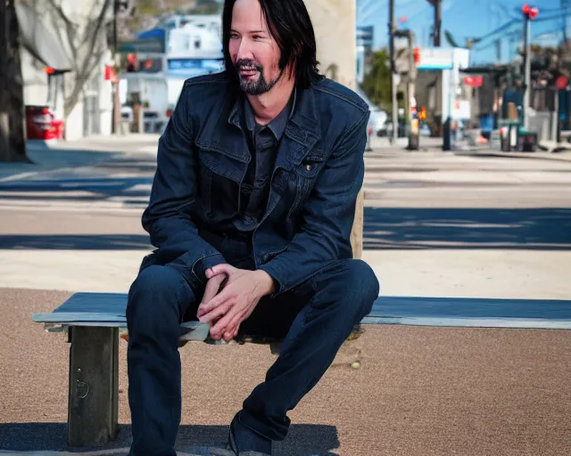 Image similar to 5 5 mm photo of happy keanu reeves in blue jeans and black jacket sitting on a bench in the street. dof. lifelike. ultra detailed. intricate. soft light. nikon d 8 5 0.