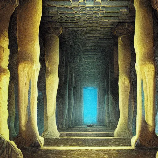 Prompt: inside the temple of dagon submerged beneath the ocean by pieter s aenredam