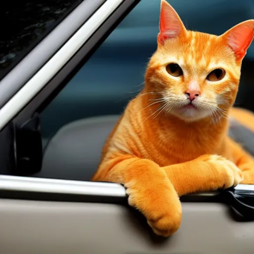 Image similar to an orange tabby cat driving a car