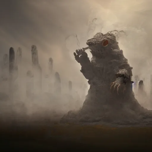 Image similar to smoke monster coming out of the ground, thick swirling smoke, mist, dramatic lighting, Byzantine ruins, desert, cinematic, trending on artstation